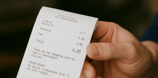 Close up of a person holding a thermal receipt at a restaurant in Hanford California highlighting concerns over BPA exposure and cancer risks linked to receipt paper