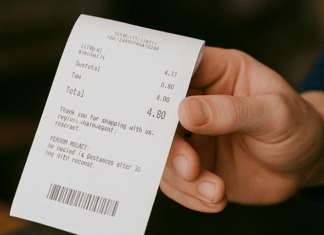 Close up of a person holding a thermal receipt at a restaurant in Hanford California highlighting concerns over BPA exposure and cancer risks linked to receipt paper