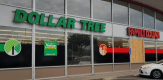Exterior view of Family Dollar and Dollar Tree storefront in Hanford California