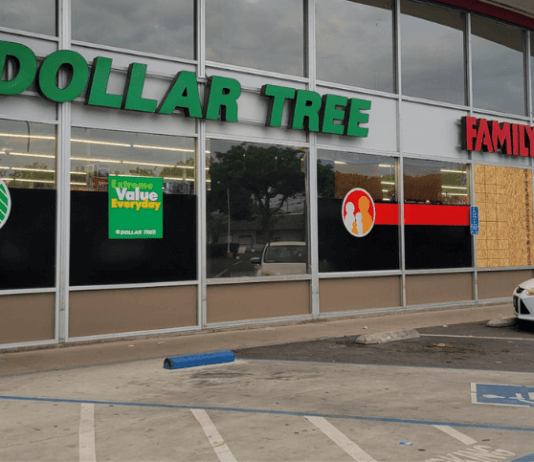 Exterior view of Family Dollar and Dollar Tree storefront in Hanford California