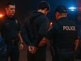 A nighttime police scene shows officers arresting a juvenile suspect near a sedan illuminated by flashing red and blue lights with a child seated in the back whose face is not visible
