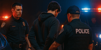 A nighttime police scene shows officers arresting a juvenile suspect near a sedan illuminated by flashing red and blue lights with a child seated in the back whose face is not visible