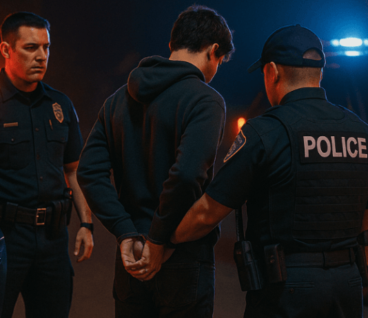 A nighttime police scene shows officers arresting a juvenile suspect near a sedan illuminated by flashing red and blue lights with a child seated in the back whose face is not visible