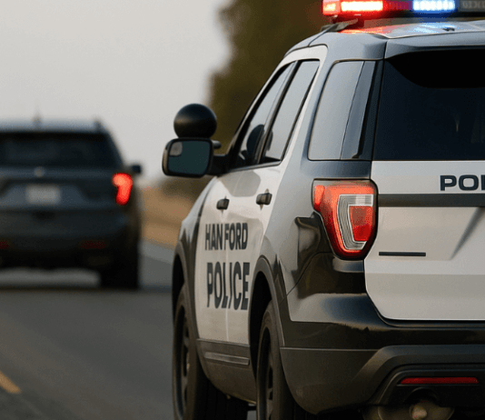 Hanford Police patrol SUV in pursuit of a dark colored vehicle on a rural two lane highway with emergency lights activated surrounded by dry grass and roadside trees capturing the intensity of