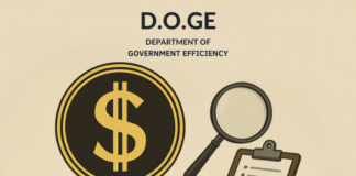 Official emblem of the Department of Government Efficiency D.O.G.E. featuring a bold dollar sign inside a gold circle with a magnifying glass and clipboard symbolizing financial audits 1