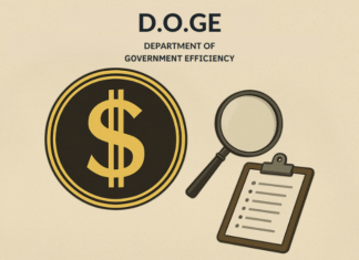 Official emblem of the Department of Government Efficiency D.O.G.E. featuring a bold dollar sign inside a gold circle with a magnifying glass and clipboard symbolizing financial audits 1