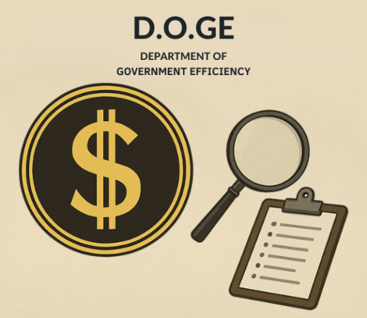 Official emblem of the Department of Government Efficiency D.O.G.E. featuring a bold dollar sign inside a gold circle with a magnifying glass and clipboard symbolizing financial audits 1
