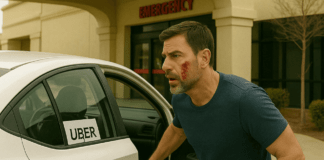 Uber driver with facial injury exits white sedan outside Hanford hospital emergency room after surviving early morning shooting