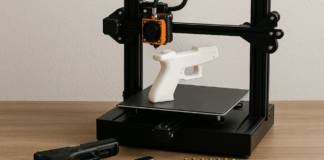 A 3D printer on a wooden table printing a white firearm frame surrounded by firearm components and ammunition. The image illustrates an article about a Hanford teenager arrested for manufacturing