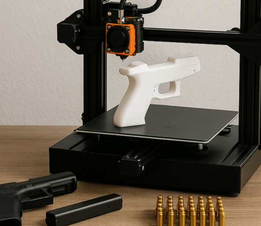 A 3D printer on a wooden table printing a white firearm frame surrounded by firearm components and ammunition. The image illustrates an article about a Hanford teenager arrested for manufacturing