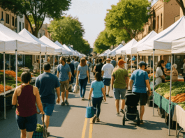 A busy downtown farmers market in Visalia with white tents set up along the street and shoppers walking between booths under green trees illustrating the city councils debate over the Farmers 1 1