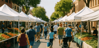 A busy downtown farmers market in Visalia with white tents set up along the street and shoppers walking between booths under green trees illustrating the city councils debate over the Farmers 1 1
