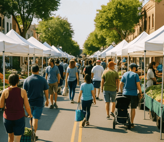 A busy downtown farmers market in Visalia with white tents set up along the street and shoppers walking between booths under green trees illustrating the city councils debate over the Farmers 1 1