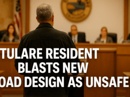 Tulare resident James White addresses city council about unsafe road design near Tulare Avenue and Mooney Boulevard