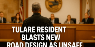 Tulare resident James White addresses city council about unsafe road design near Tulare Avenue and Mooney Boulevard