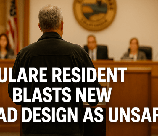 Tulare resident James White addresses city council about unsafe road design near Tulare Avenue and Mooney Boulevard