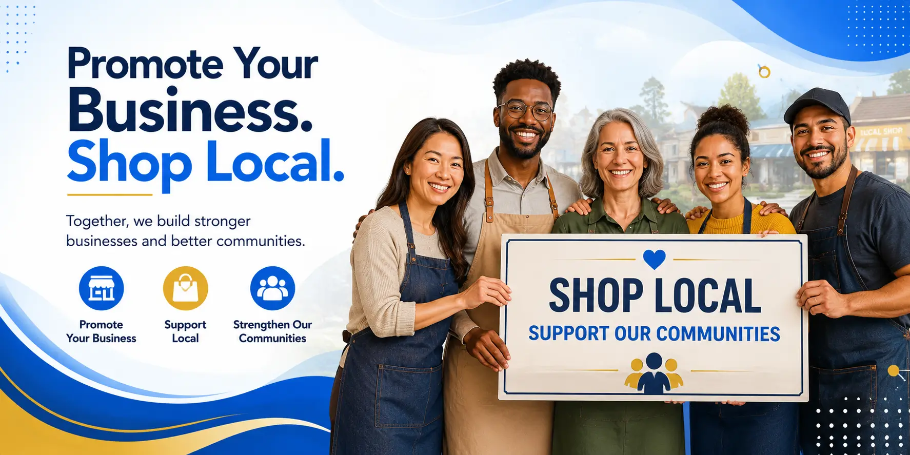 Promote Your Business. Shop Local. Support Our Communities. Diverse local business owners holding a “Shop Local Support Our Communities” sign for the Kings Network News Community Discount Card Program banner.